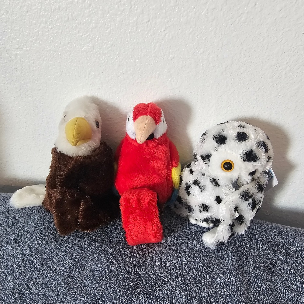 Wild Republic Huggers Plush Bird Set Bald Eagle Scarlet Macaw Snowy Owl Slap Toy
